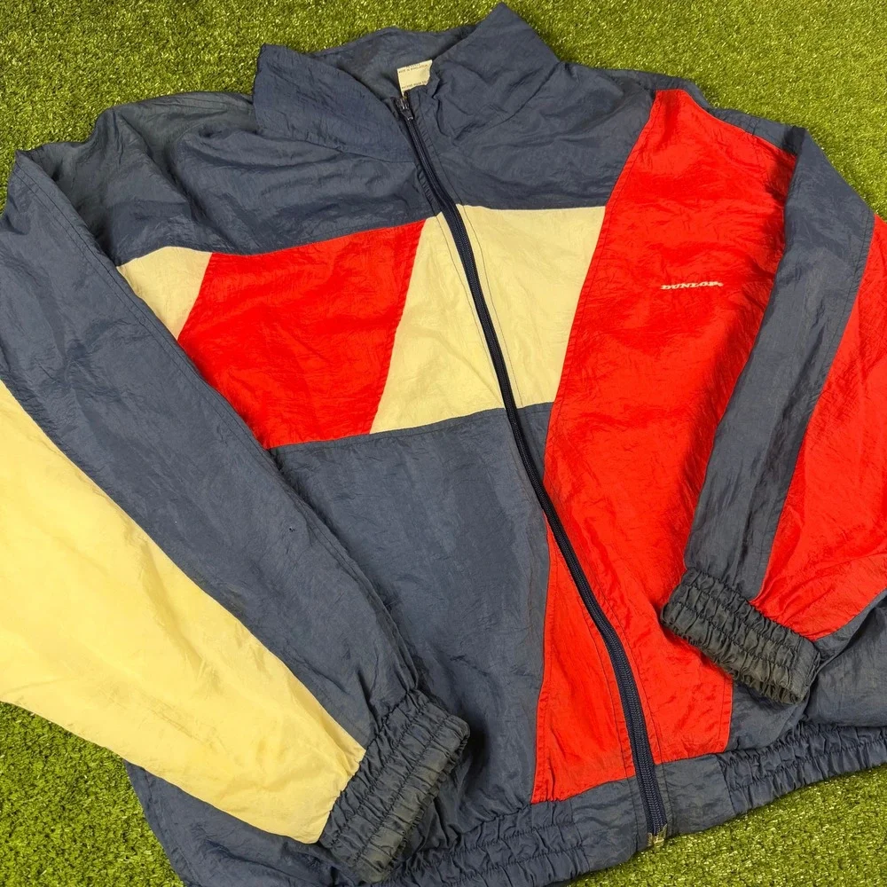 Dunlop Vintage Windbreaker Jacket Mens XL Navy Blue Red Colorblock Full Zip 90s